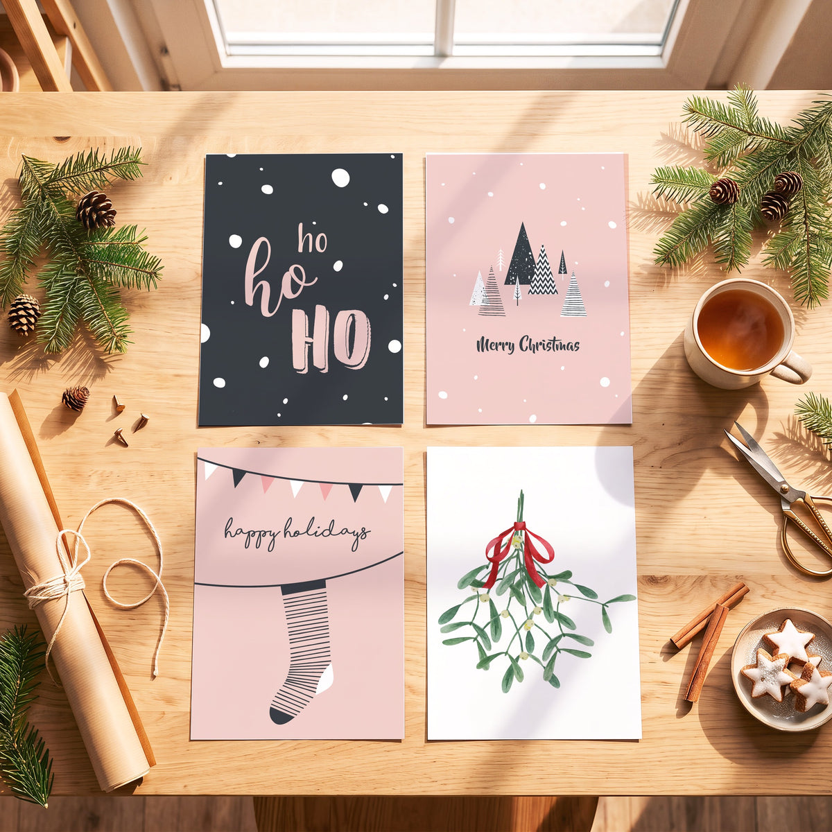 Weihnachtsposter Happy Holidays mit weiteren Motiven der Serie auf einem Tisch