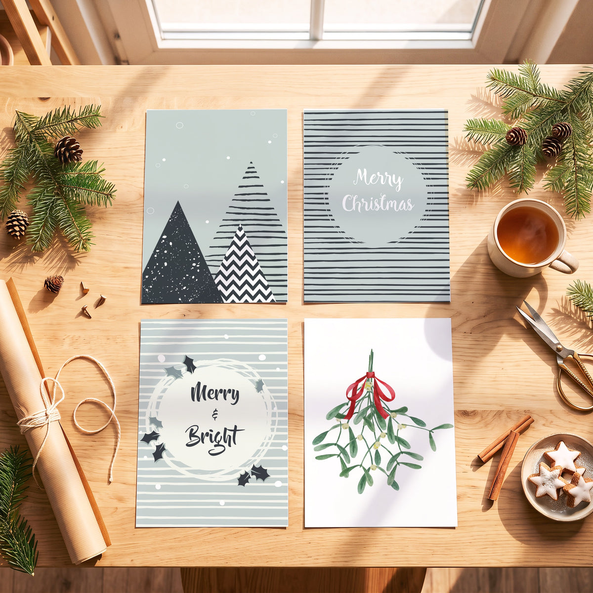 Weihnachtsposter Merry and Bright mit weiteren Motiven der Serie auf einem Tisch