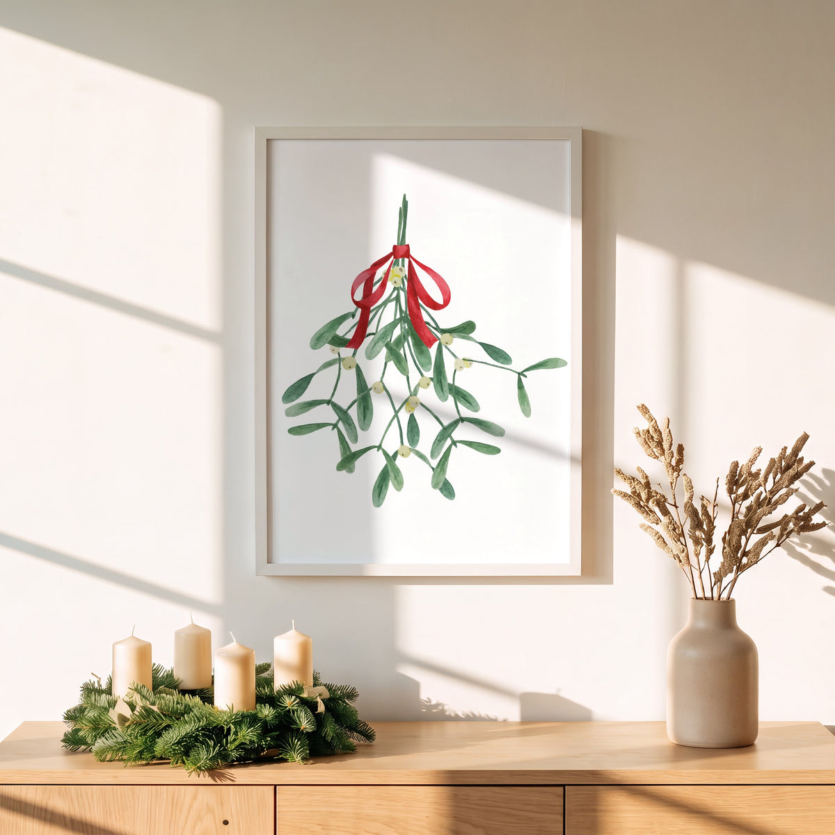 Weihnachtsposter Mistletoe über einem Adventskranz