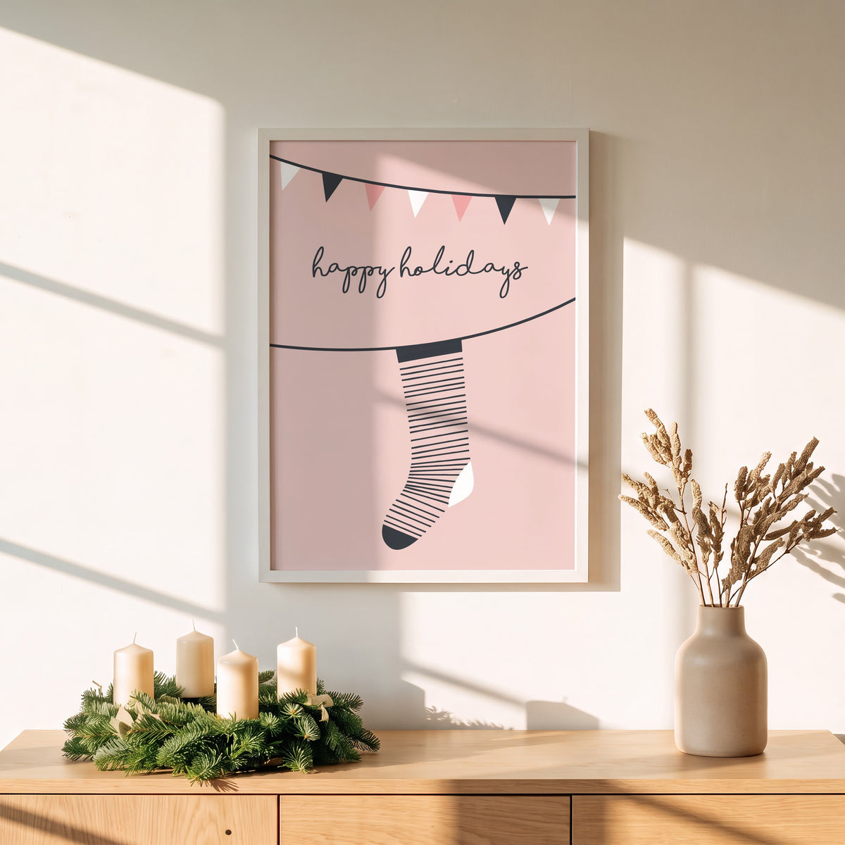 Weihnachtsposter Happy Holidays über einem Adventskranz