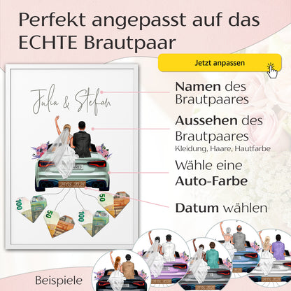 Personalisiertes Geldgeschenk - Brautpaar in Hochzeitsauto &quot;New Car&quot;