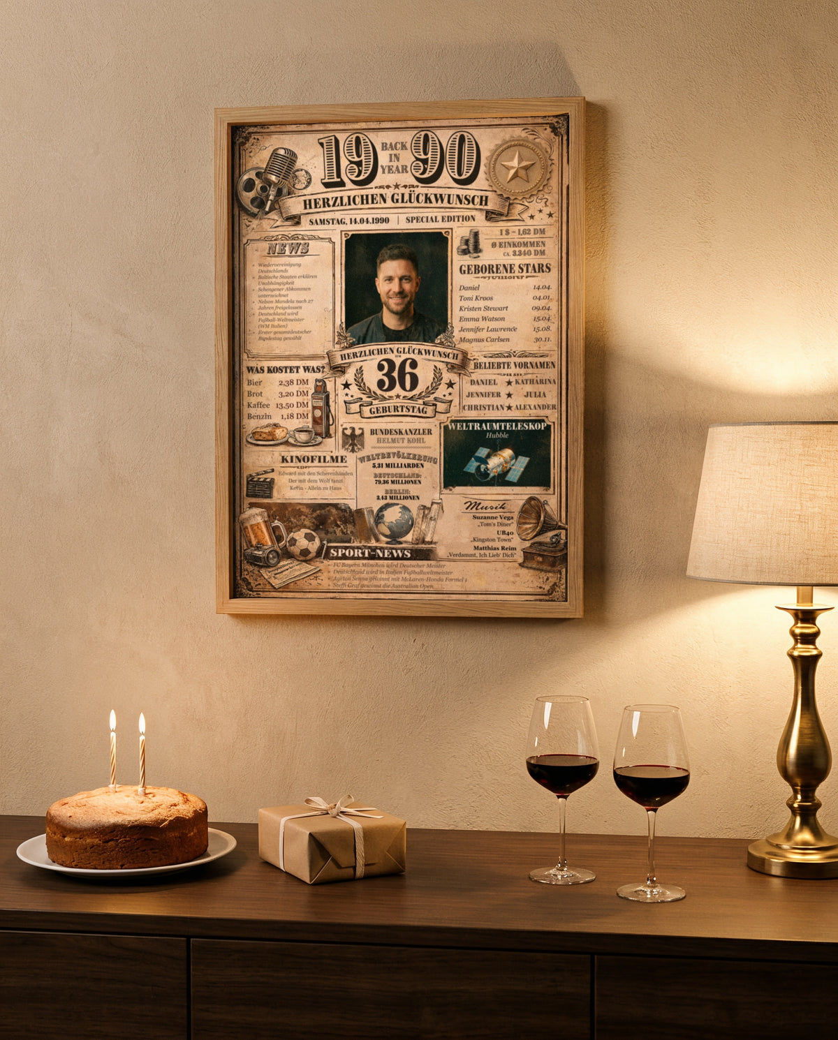 Gerahmtes Back-in-Year-Poster über einem Sideboard mit Geburtstagskuchen, Geschenk, Rotwein und Tischlampe