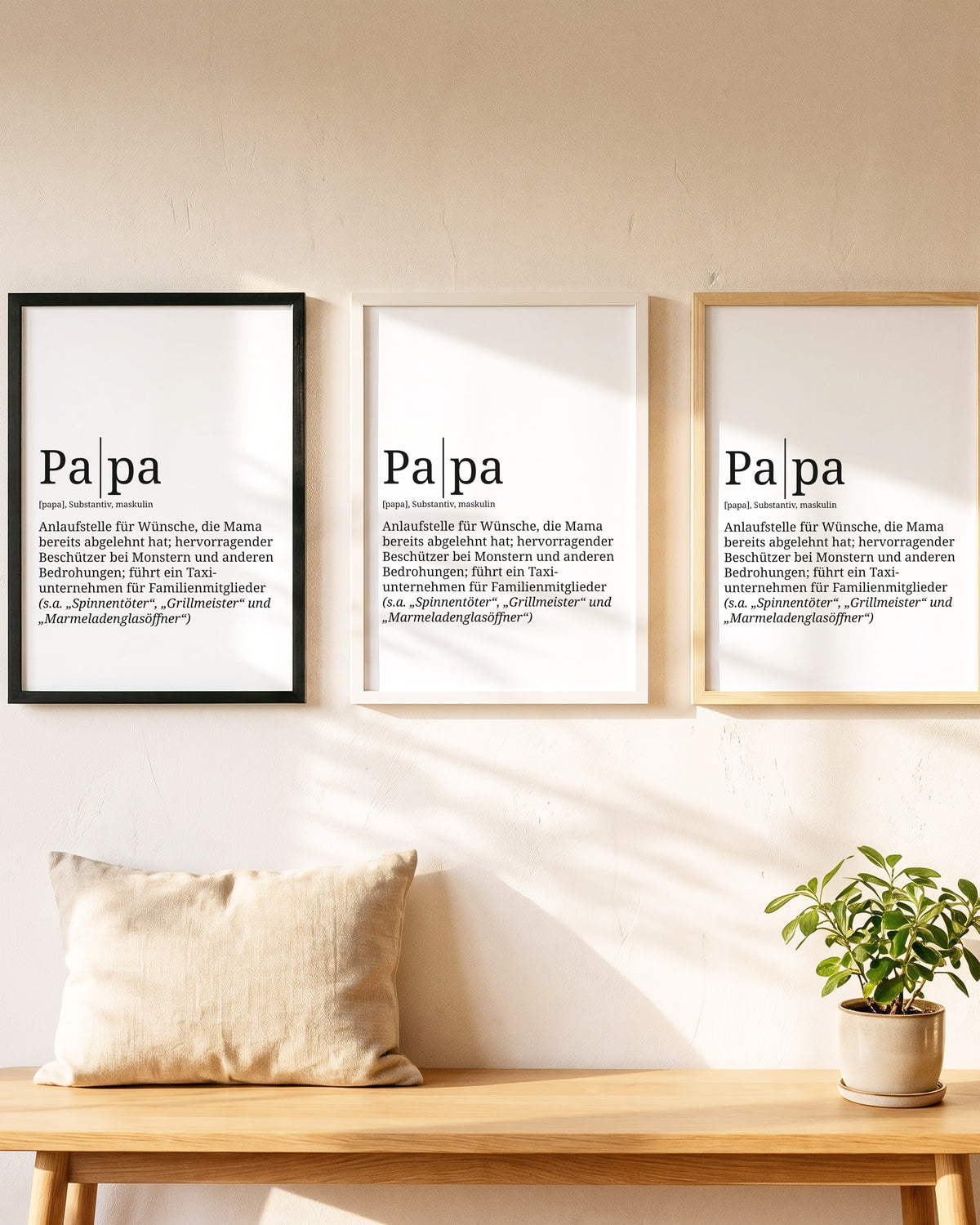 Definition Poster Papa in Holzrahmen Schwarz, Weiß und Natur hell