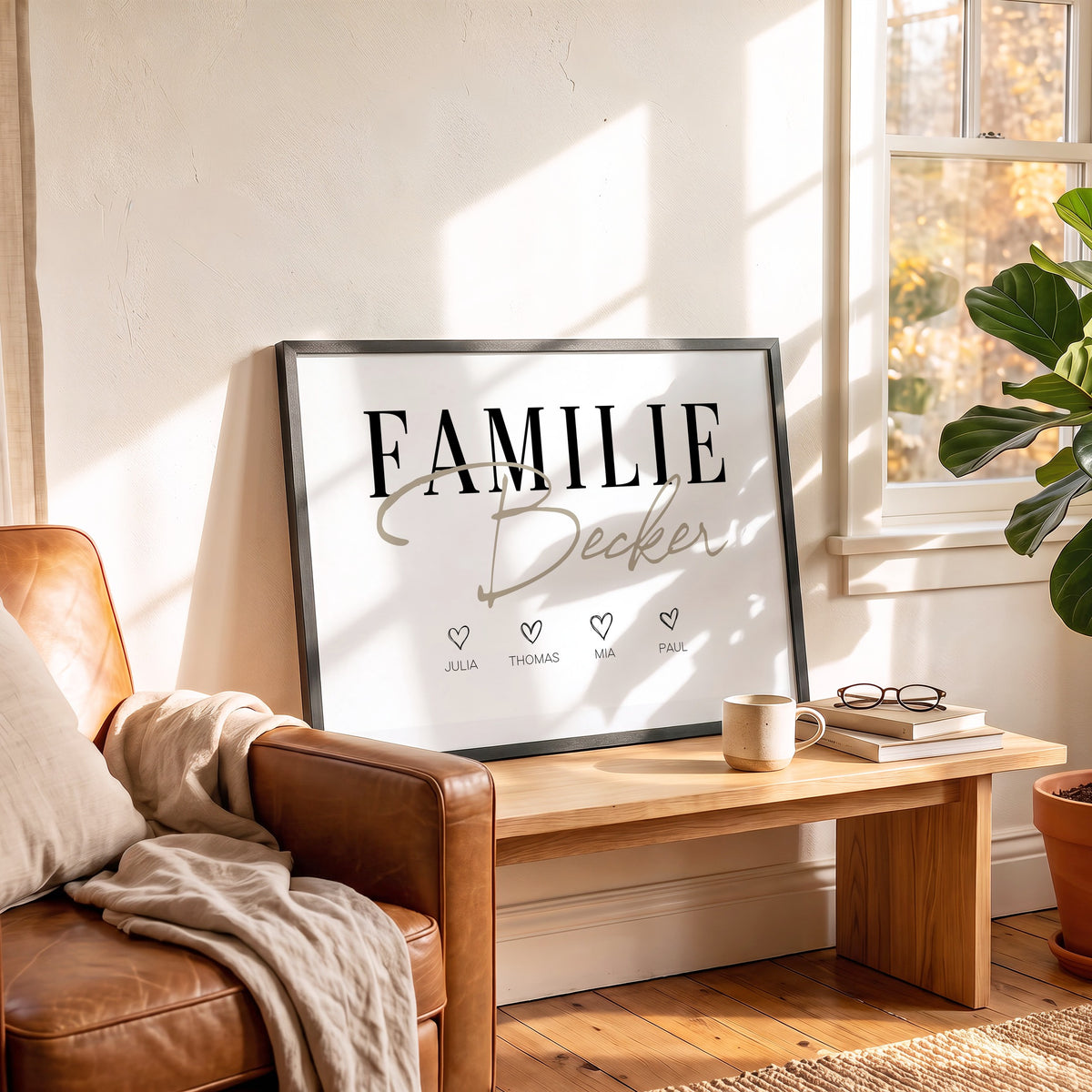 Familienposter in DIN A2 auf einer Bank neben einem Ledersessel