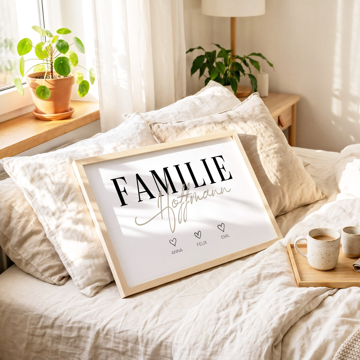 Familienposter im hellen Holzrahmen an Leinenkissen auf dem Bett, daneben ein Frühstückstablett