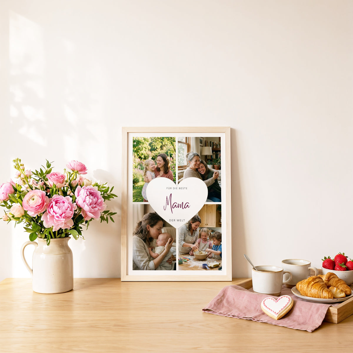 Fotocollage Herz Mama im Holzrahmen auf dem Frühstückstisch mit Pfingstrosen, Kaffee und Croissants