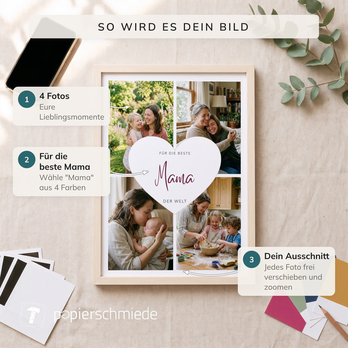 Fotocollage Herz Mama von oben auf Leinen, daneben Handy, Fotoabzüge und vier Farbkarten