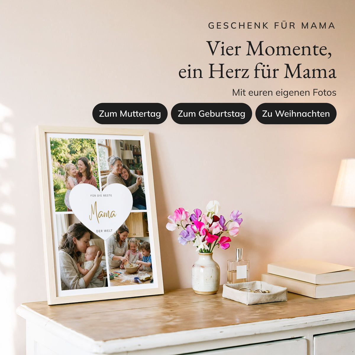 Fotocollage Herz Mama an die Wand gelehnt auf einer weißen Kommode mit Wicken und Tischlampe