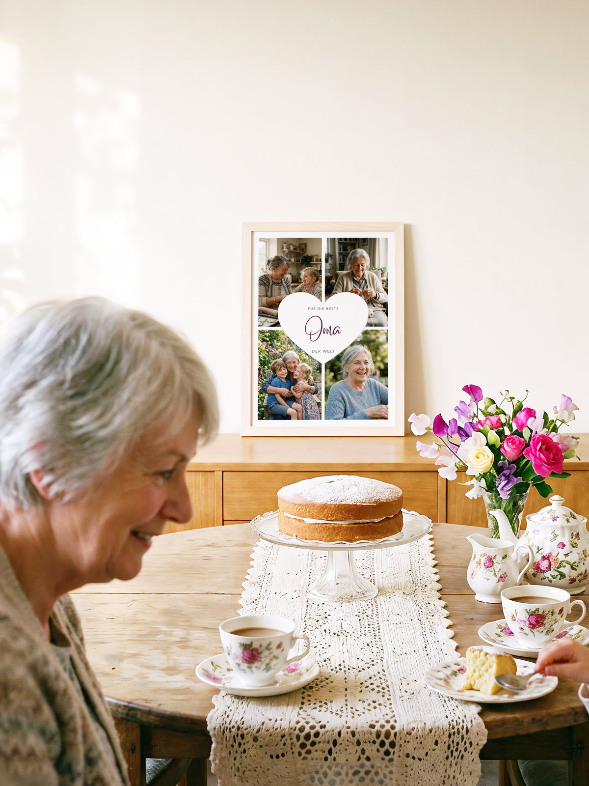 Fotocollage Herz Oma im Holzrahmen über der Kaffeetafel, Oma teilt Kuchen mit ihrer Enkelin