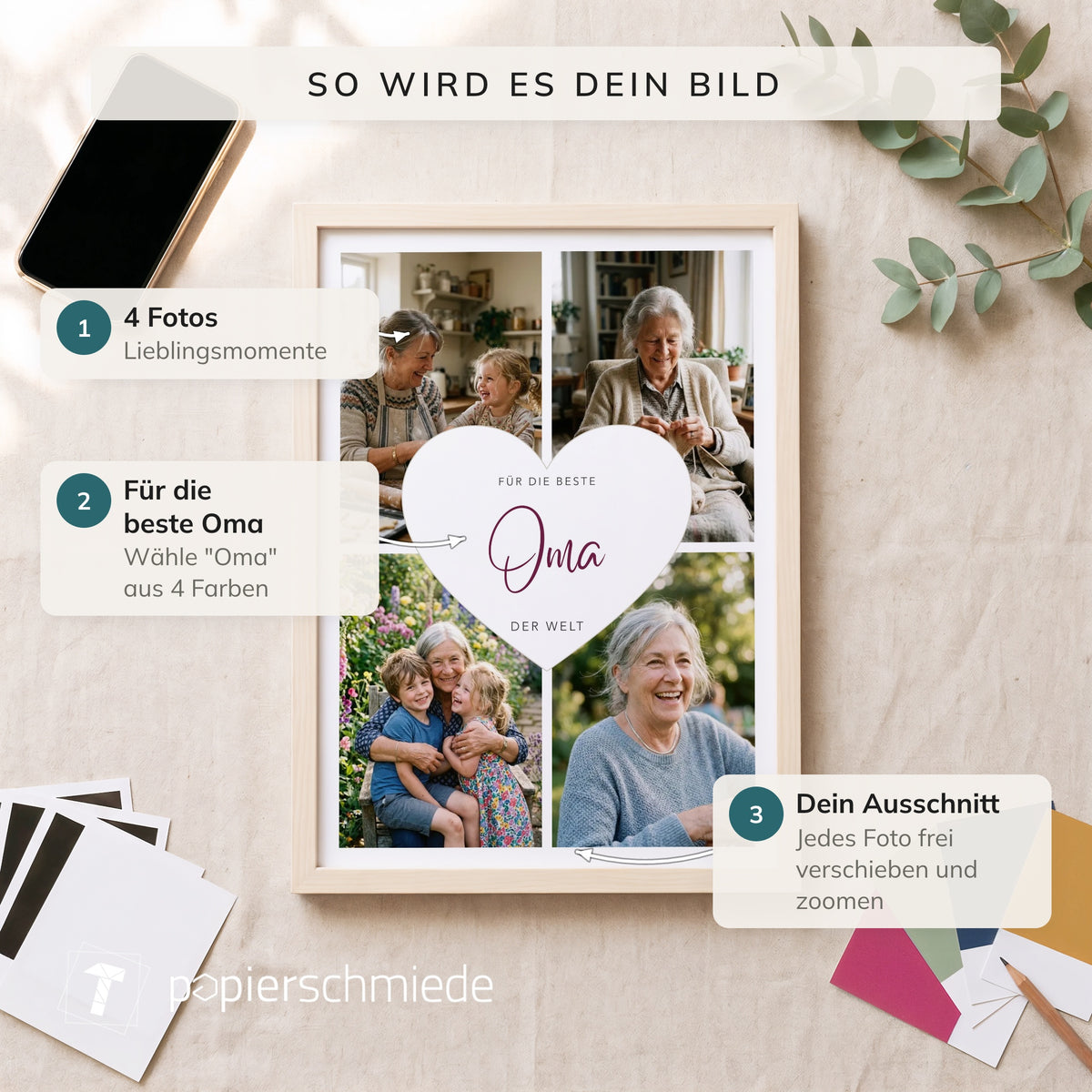 Fotocollage Herz Oma von oben auf Leinen, daneben Handy, Fotoabzüge und vier Farbkarten