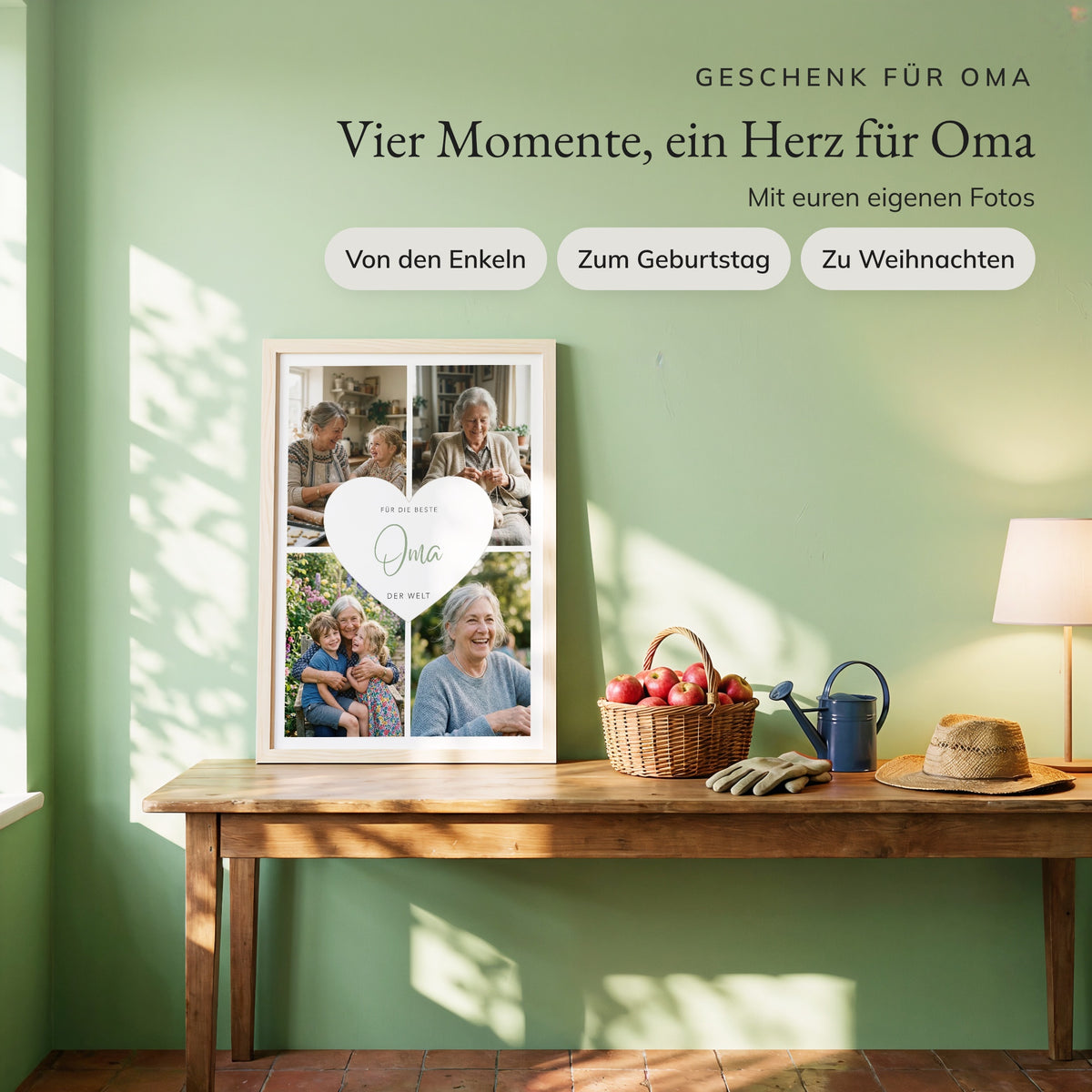 Fotocollage Herz Oma auf einer Holzkonsole im Flur mit einem Korb Äpfel und einer Gießkanne
