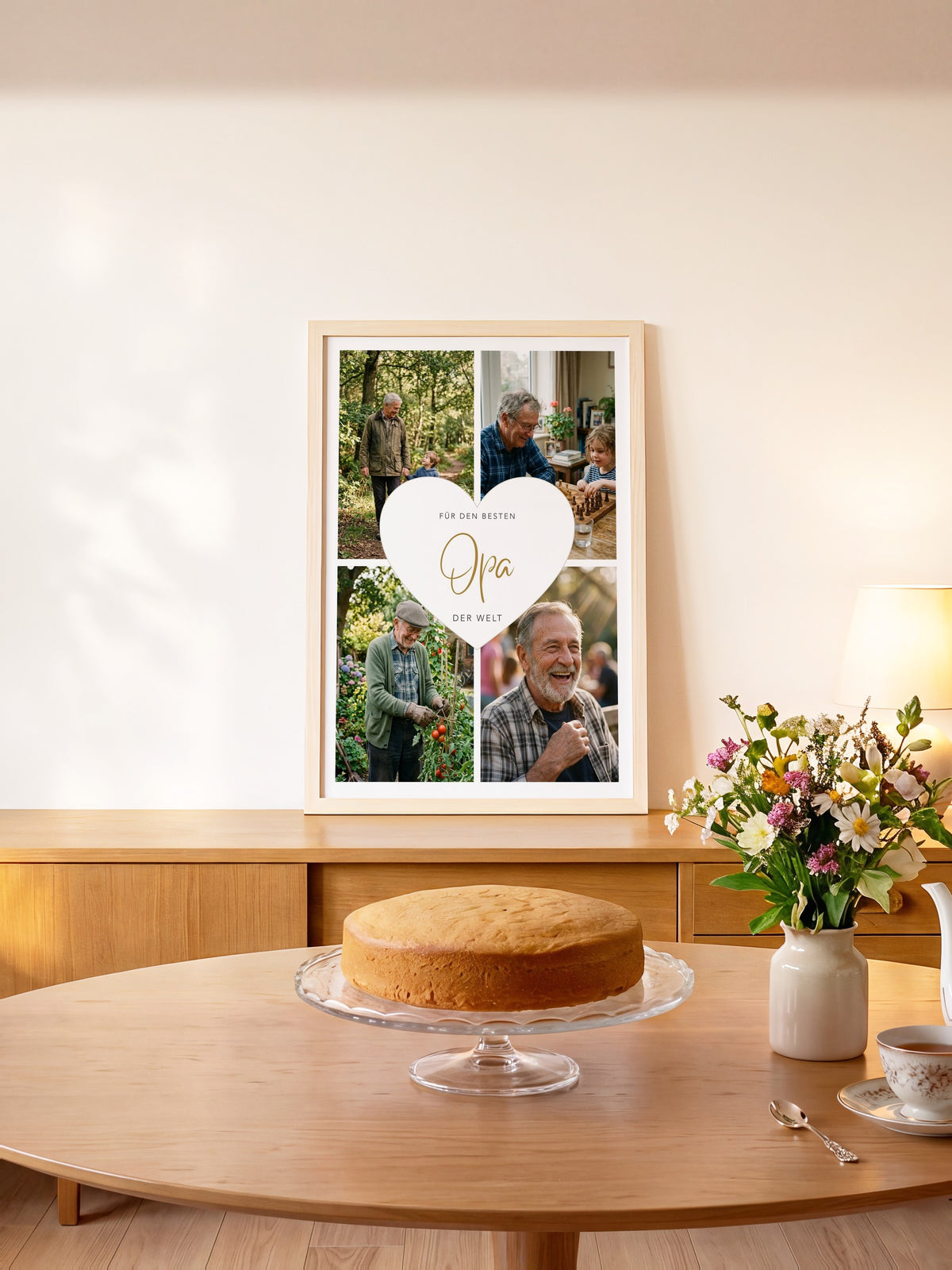 Fotocollage Herz Opa im Holzrahmen über der gedeckten Kaffeetafel mit Kuchen und Gartenblumen