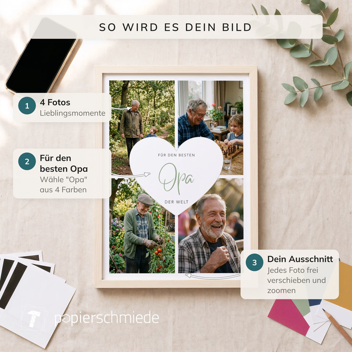 Fotocollage Herz Opa von oben auf Leinen, daneben Handy, Fotoabzüge und vier Farbkarten