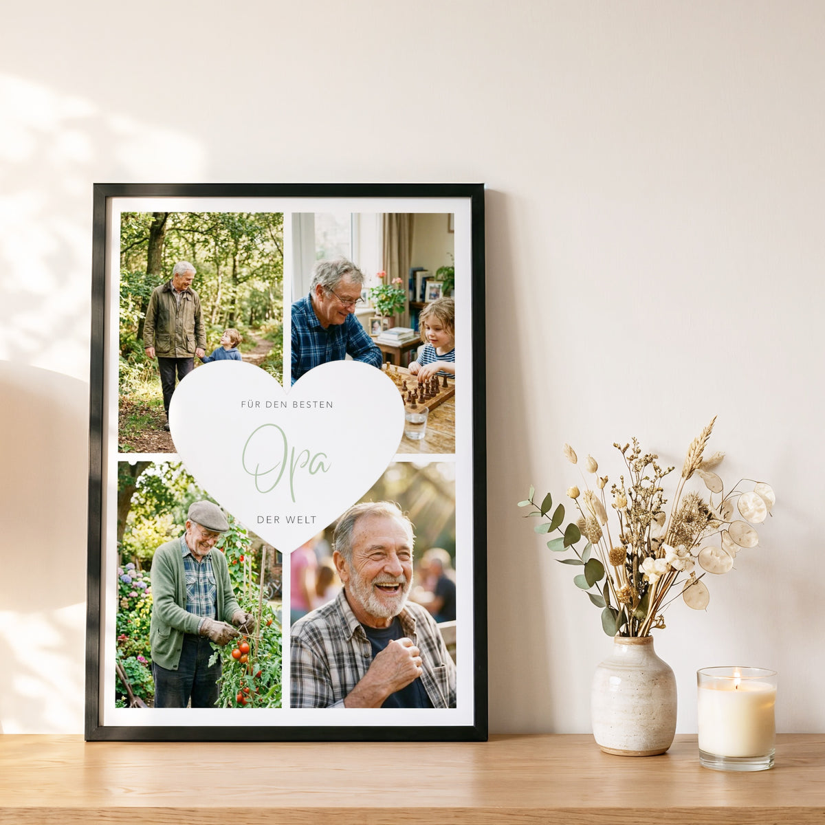 Fotocollage Herz Opa im schwarzen Rahmen auf einem Eichen-Sideboard neben Trockenblumen