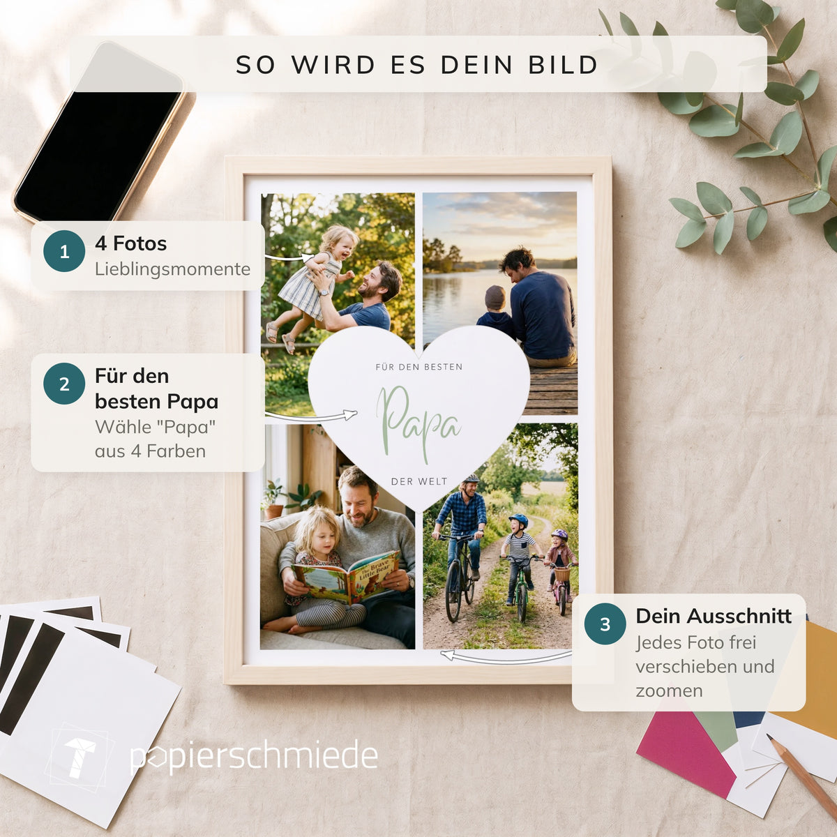 Fotocollage Herz Papa von oben auf Leinen, daneben Handy, Fotoabzüge und vier Farbkarten