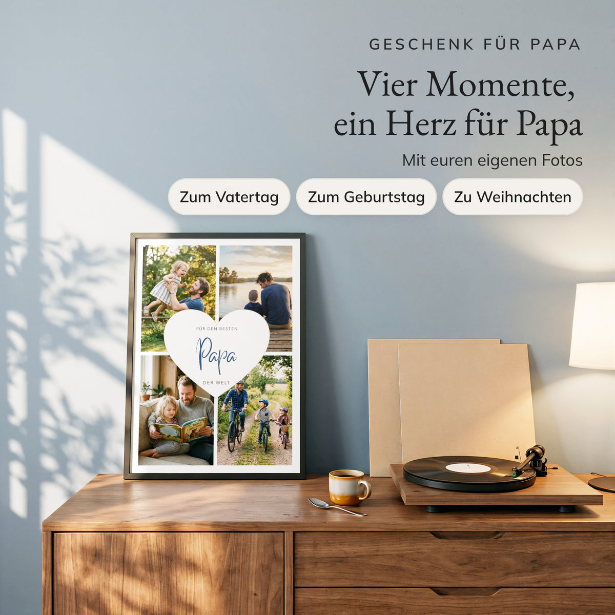 Fotocollage Herz Papa auf einem Walnuss-Sideboard neben einem Plattenspieler