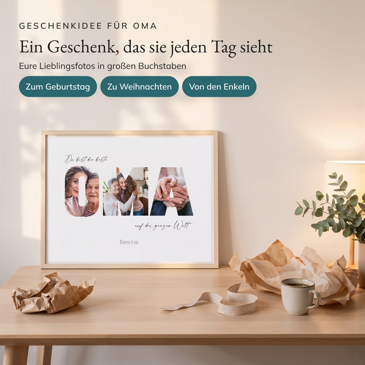 Fotobuchstaben-Poster OMA als Geschenk auf dem Tisch