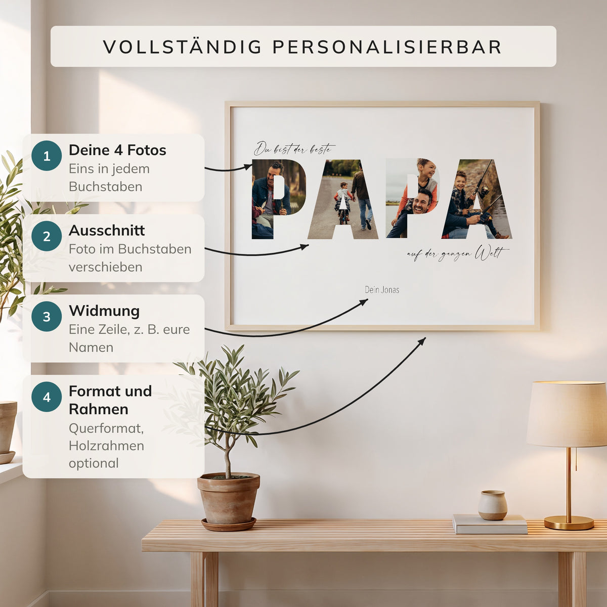 Fotobuchstaben-Poster PAPA: Fotos, Ausschnitt, Widmung, Format und Rahmen