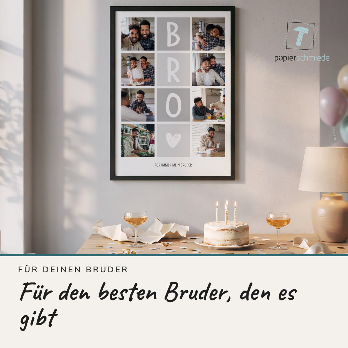 Fotocollage BRO im Holzrahmen auf einem Geburtstagstisch mit Kuchen und Luftballons
