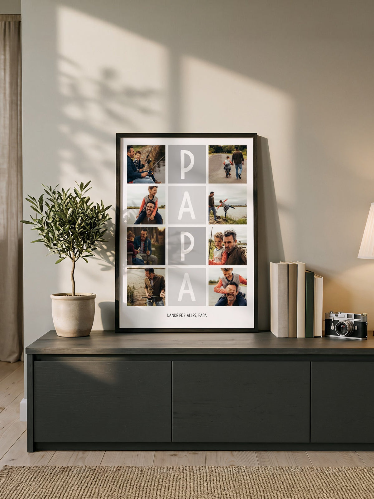 Fotocollage PAPA mit acht Fotos und Widmung im Holzrahmen