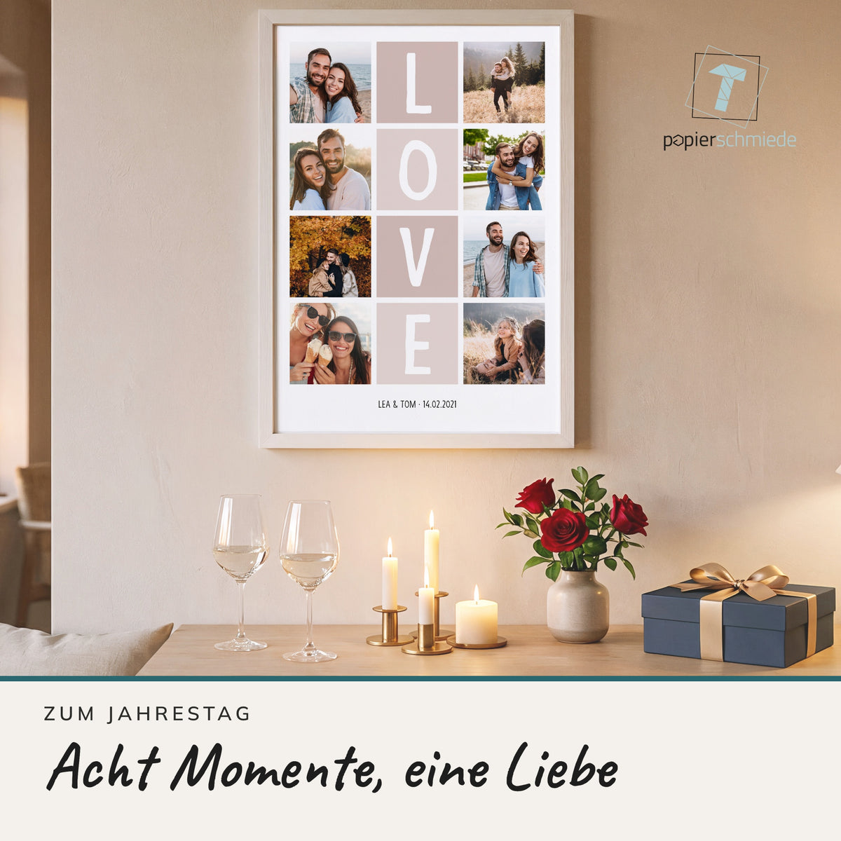 Fotocollage LOVE im Holzrahmen auf einem Sideboard mit Kerzen, Rosen und Weingläsern