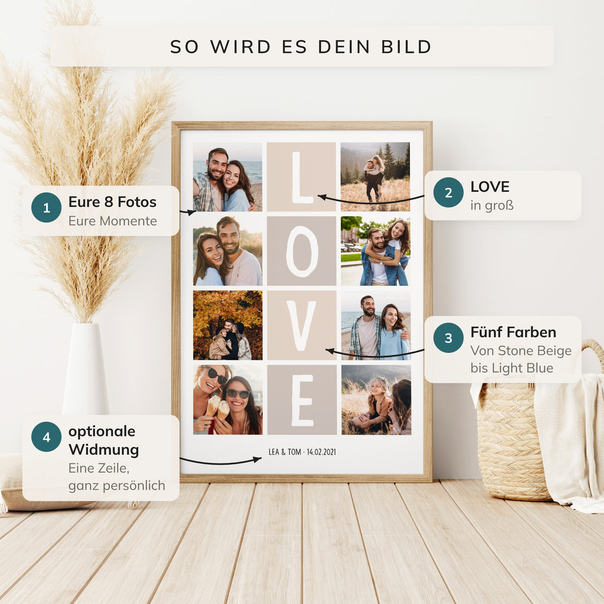 Fotocollage LOVE mit Hinweisen zu acht Fotos, Wort, fünf Farben und Widmung