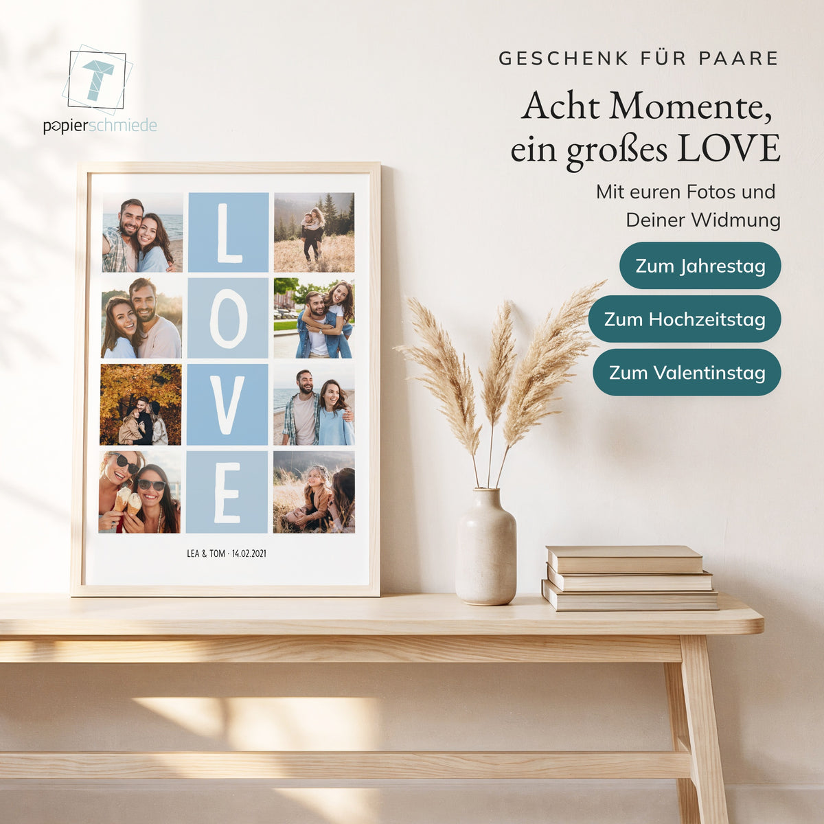 Fotocollage LOVE an eine helle Wand gelehnt, daneben Pampasgras und ein Korb