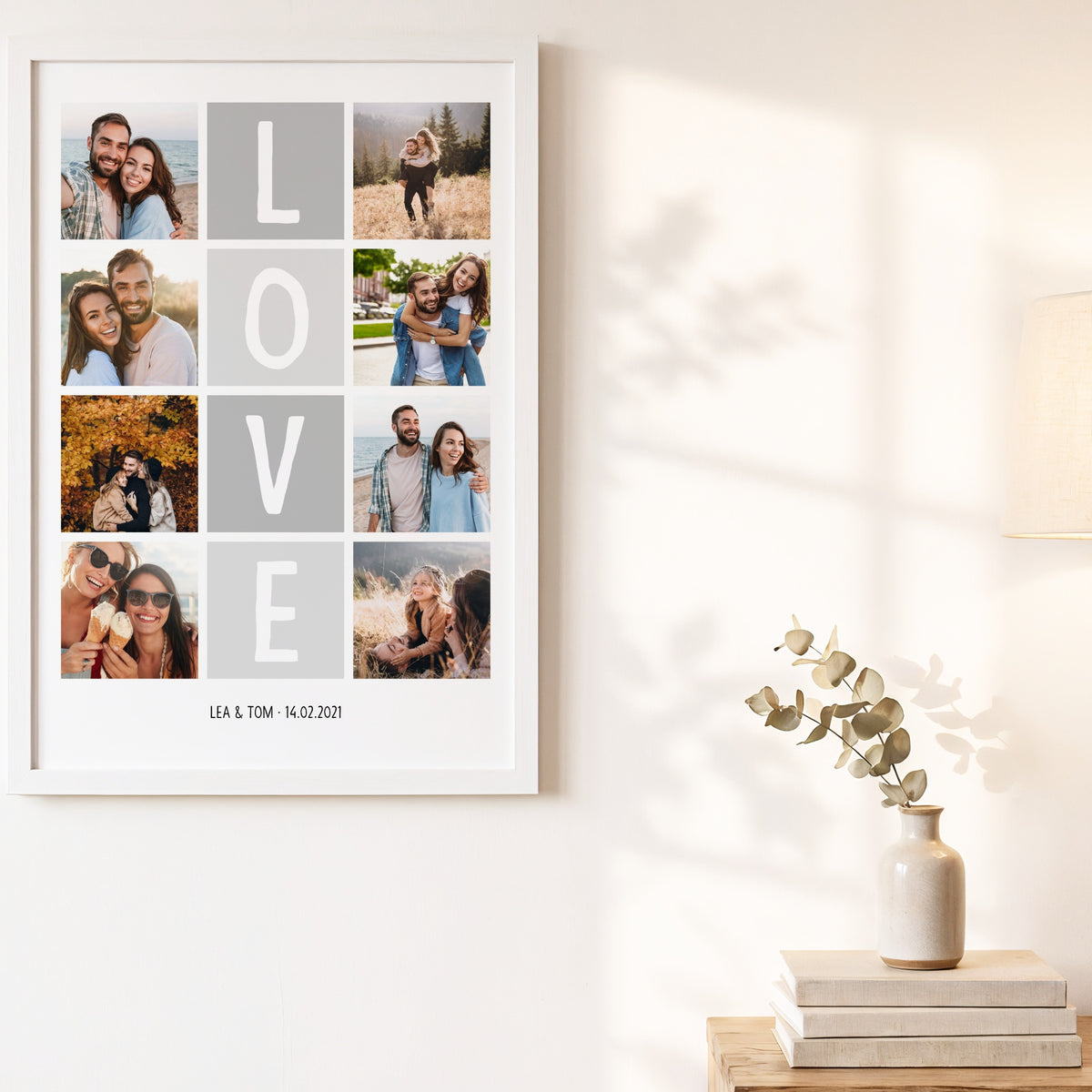 Fotocollage LOVE auf einer hellen Holzbank
