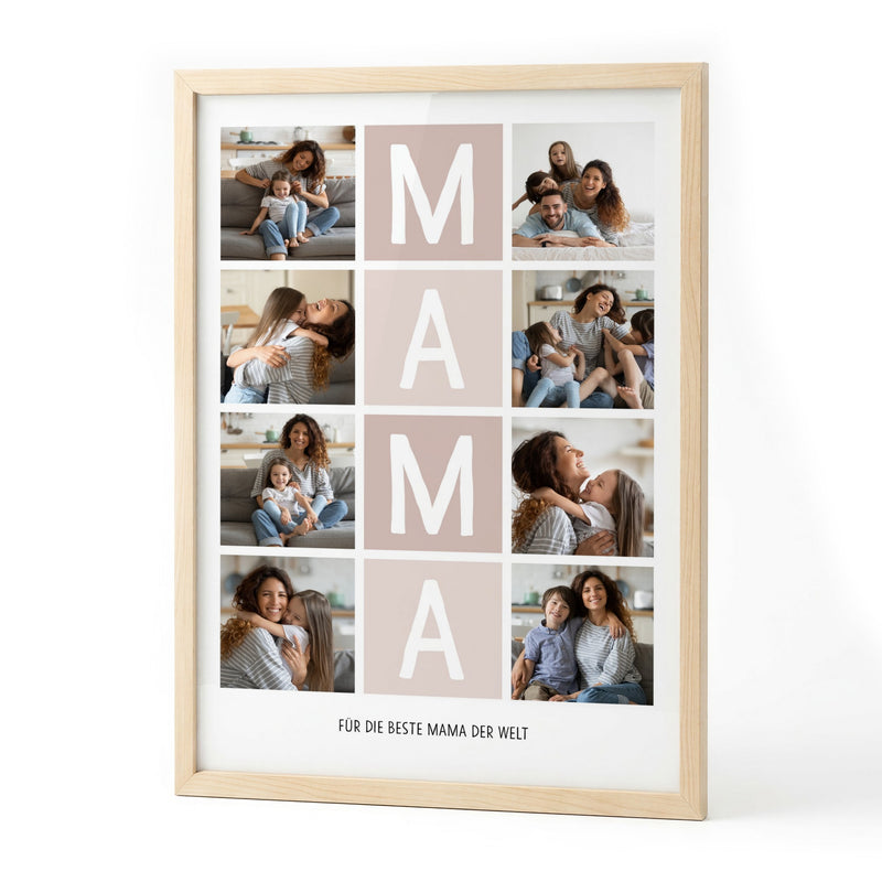 Fotocollage MAMA mit acht Fotos und Widmung im Holzrahmen