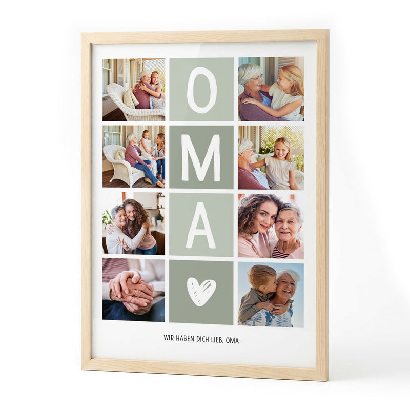 Fotocollage OMA mit acht Fotos und Widmung im Holzrahmen