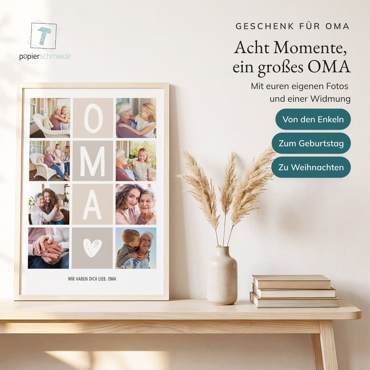 Fotocollage OMA an eine helle Wand gelehnt, daneben Pampasgras und ein Korb