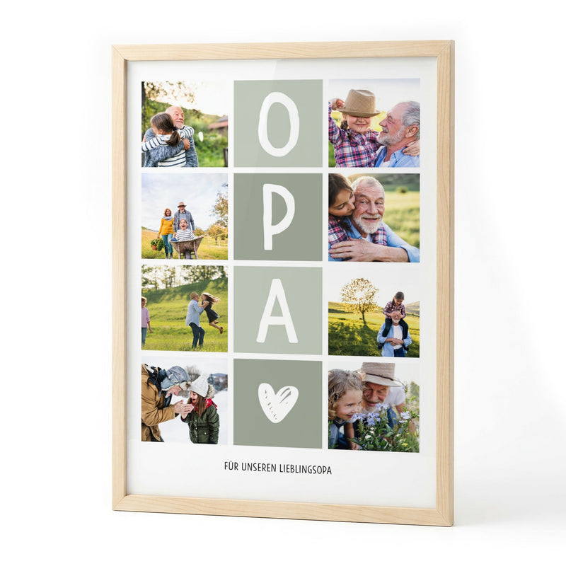 Fotocollage OPA mit acht Fotos und Widmung im Holzrahmen