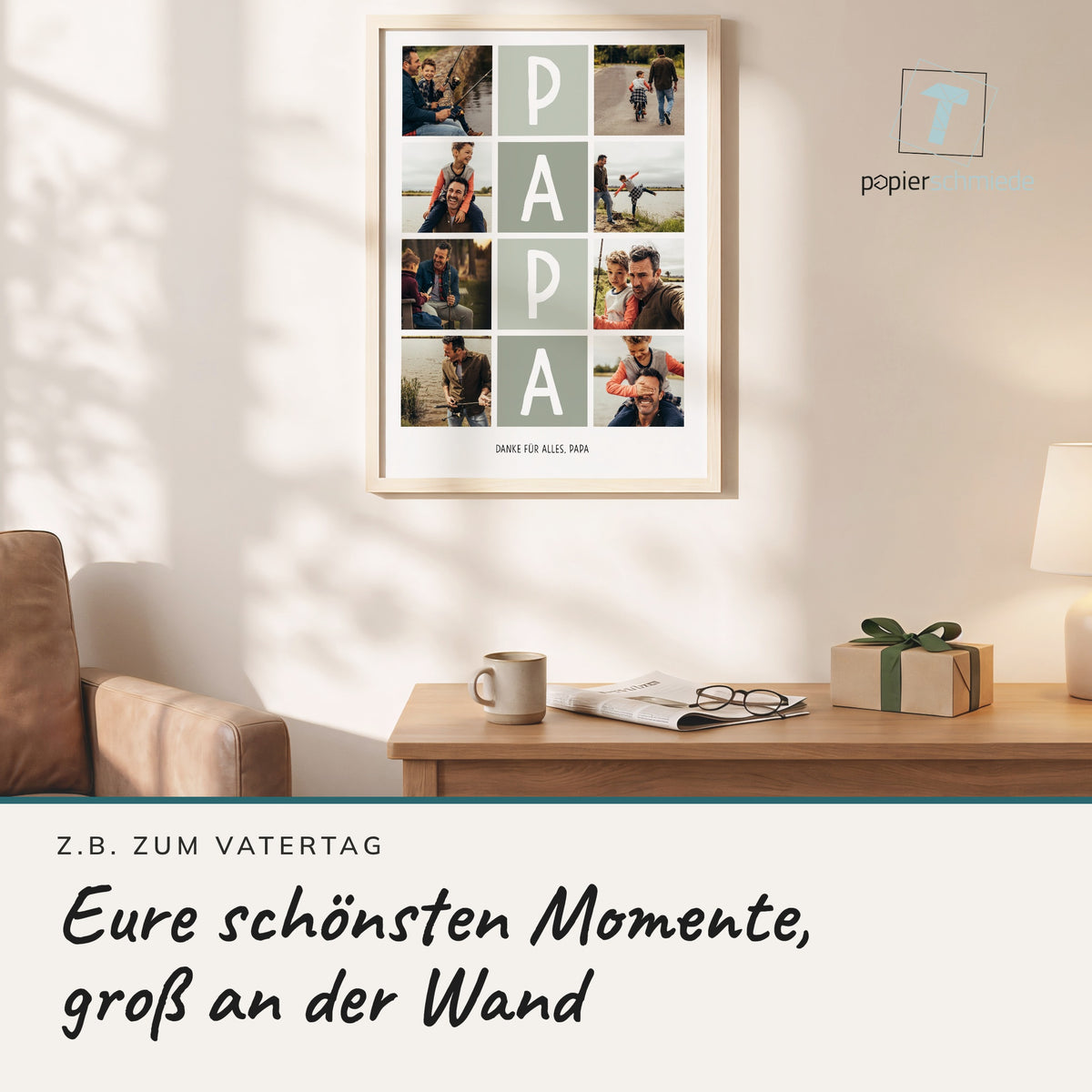 Fotocollage PAPA im Holzrahmen in einem Wohnzimmer mit Ledersessel und Geschenk