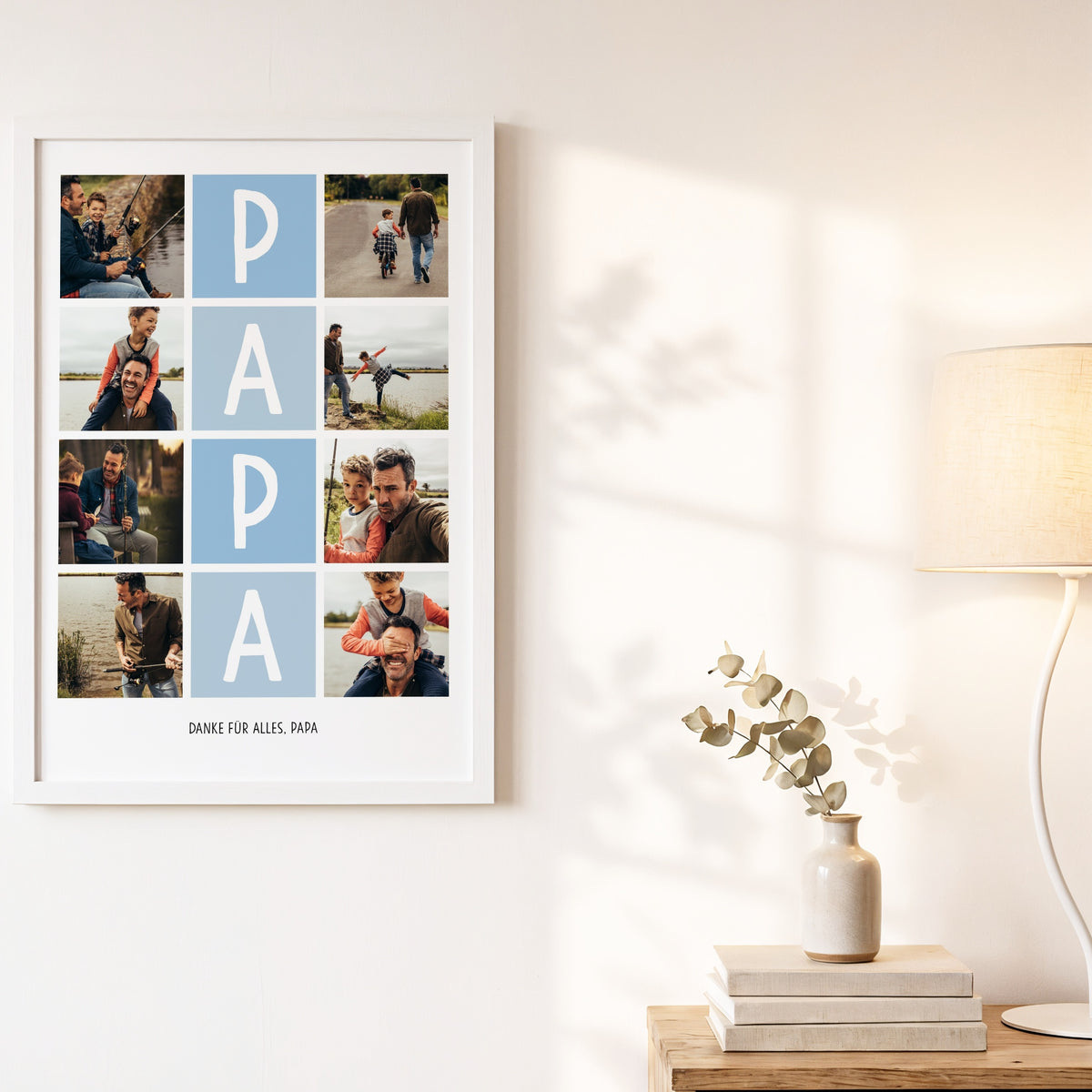 Fotocollage PAPA auf einer hellen Holzbank