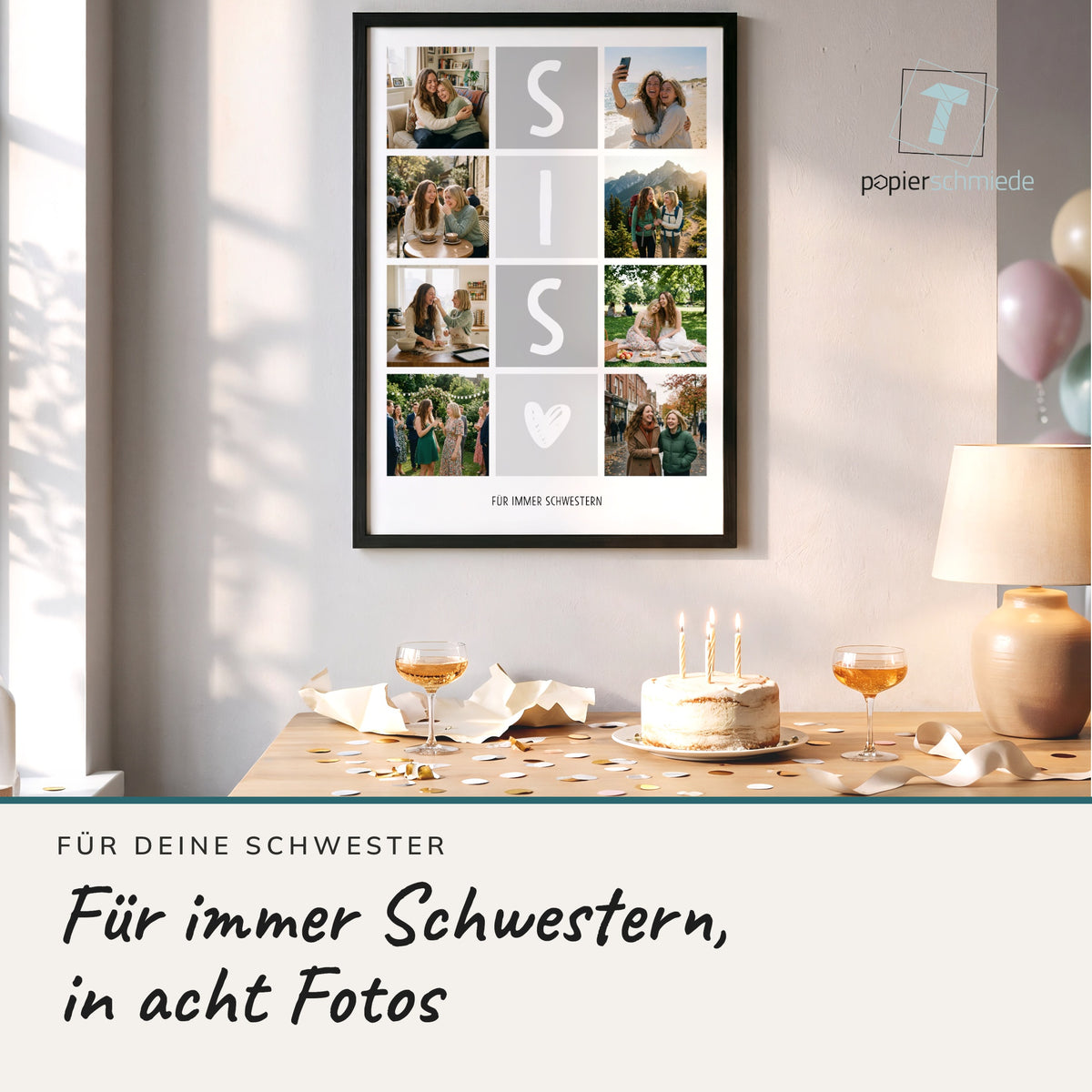 Fotocollage SIS im Holzrahmen auf einem Geburtstagstisch mit Kuchen und Luftballons