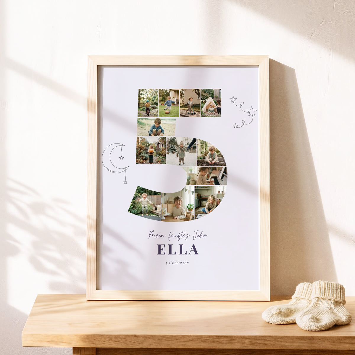 Poster Mein fünftes Jahr im hellen Kinderzimmer auf einer Kommode