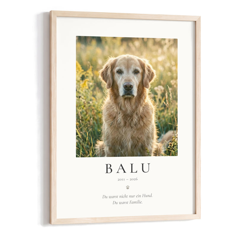 Gedenkbild für Hund oder Katze mit Foto und Name, Holzrahmen natur hell