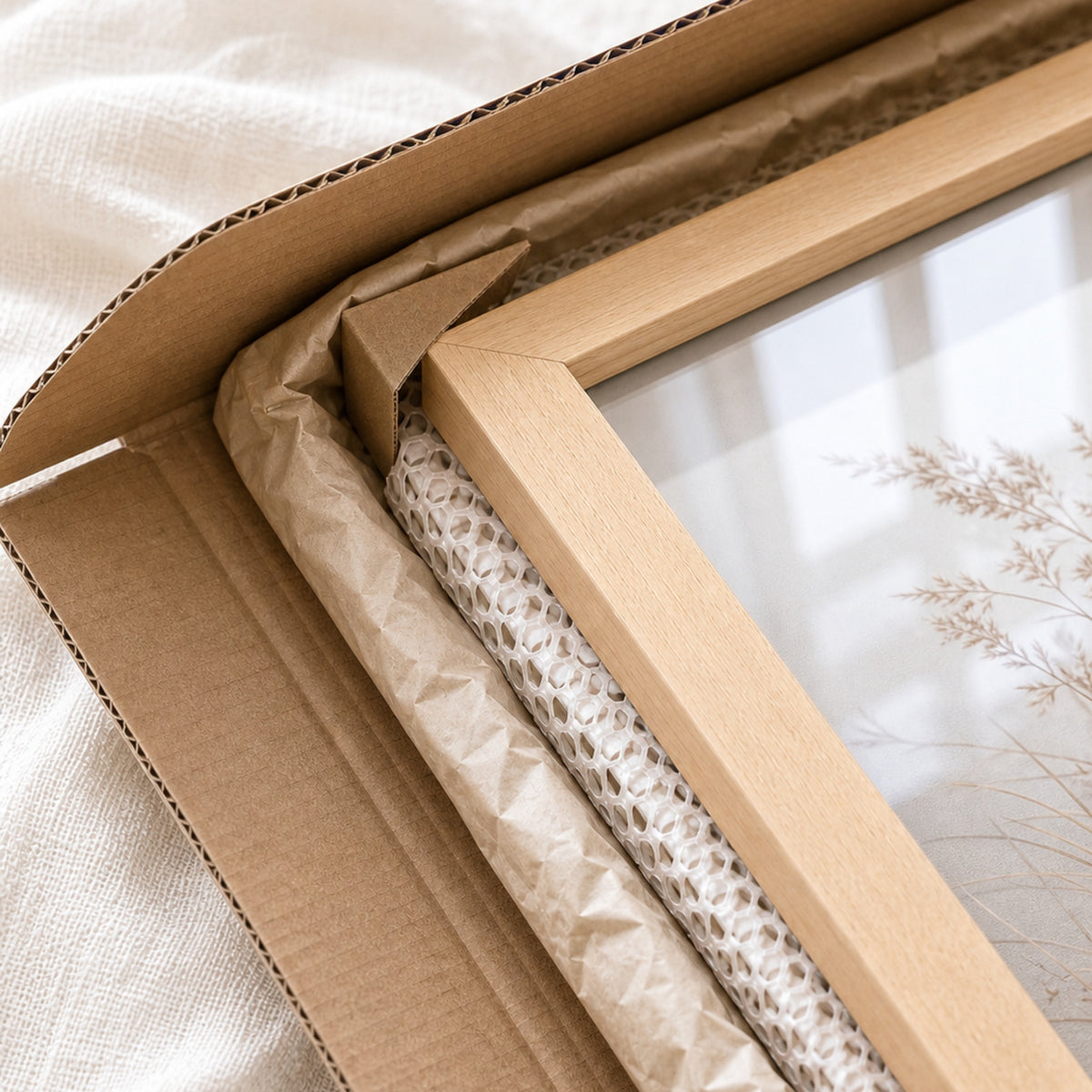Rahmen sicher in Karton mit Papier verpackt