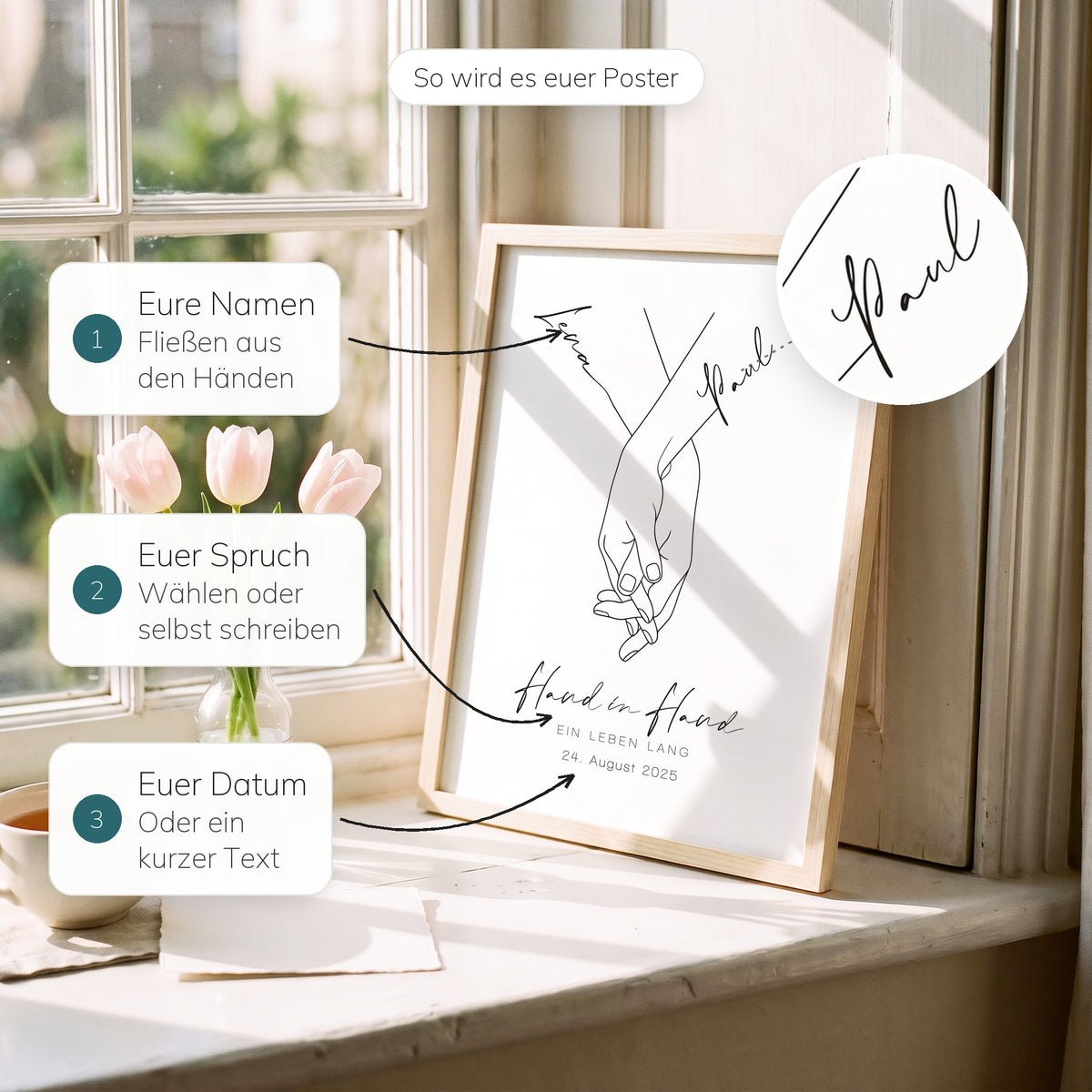 Hand-in-Hand-Poster am Fenster mit Hinweisen zu Namen, Spruch und Datum