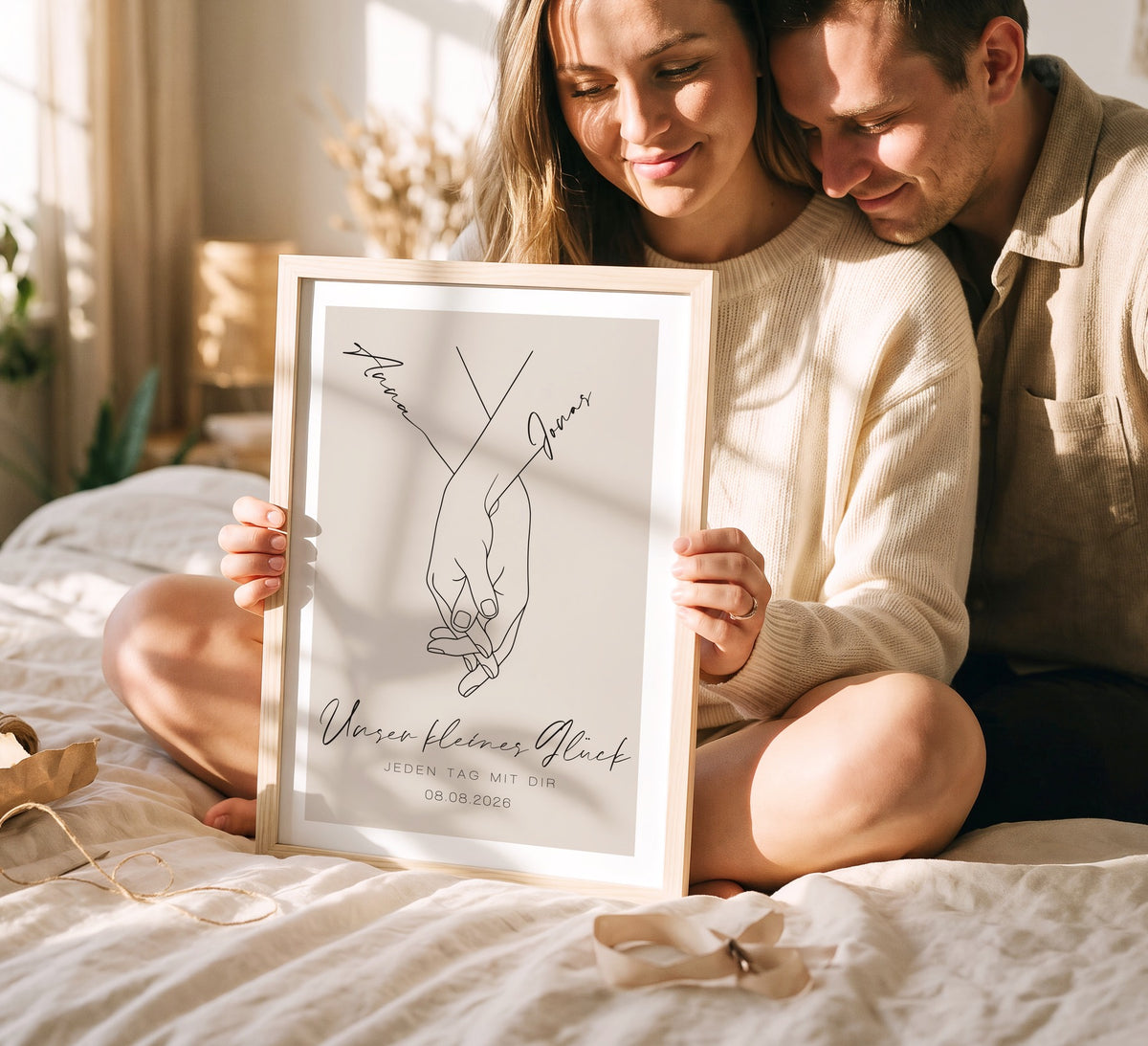 Paar sitzt auf dem Bett und hält gemeinsam ein beiges Hand-in-Hand-Poster