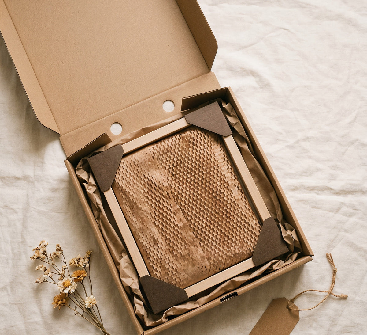 Geöffneter Versandkarton mit Kantenschutz und Packpapier