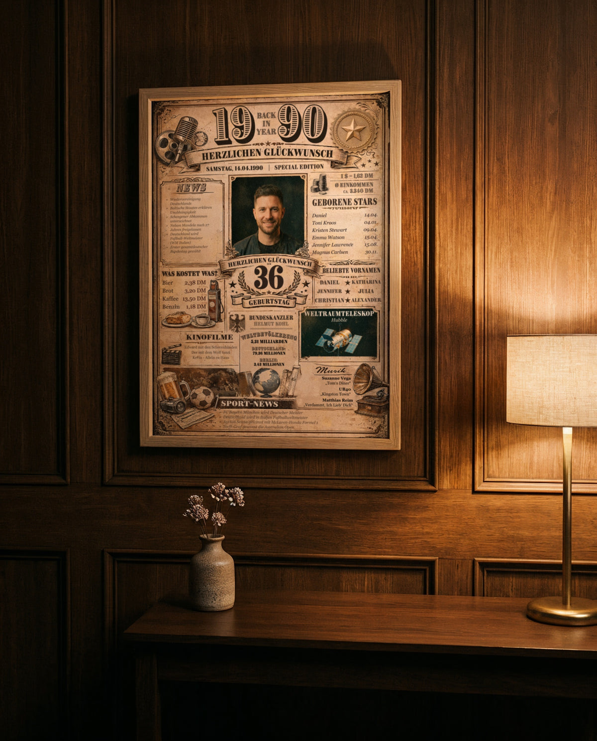 Back-in-Year-Poster an einer dunklen Holzvertäfelung, warm beleuchtet von einer Messinglampe