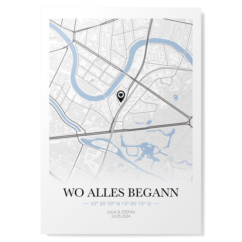 Karten-Poster Wo alles begann mit Herz-Pin, Koordinaten, Namen und Datum unter dem Kartenausschnitt