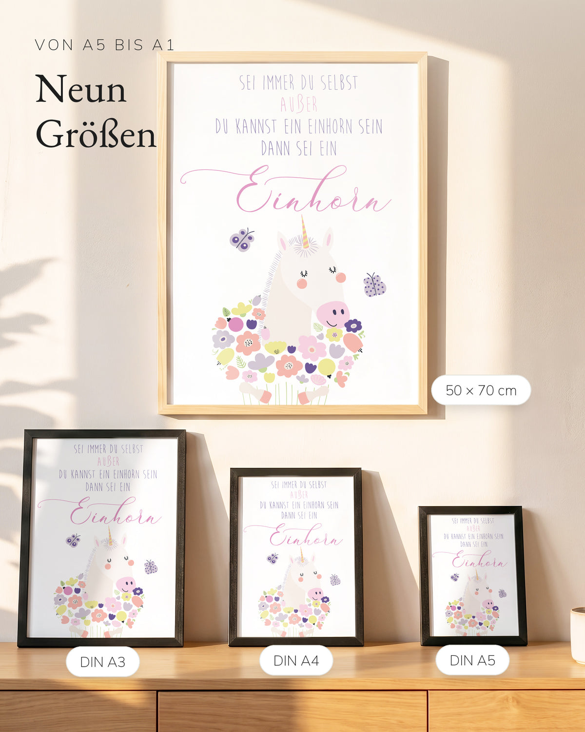 Kinderposter Einhorn in vier Größen an der Wand