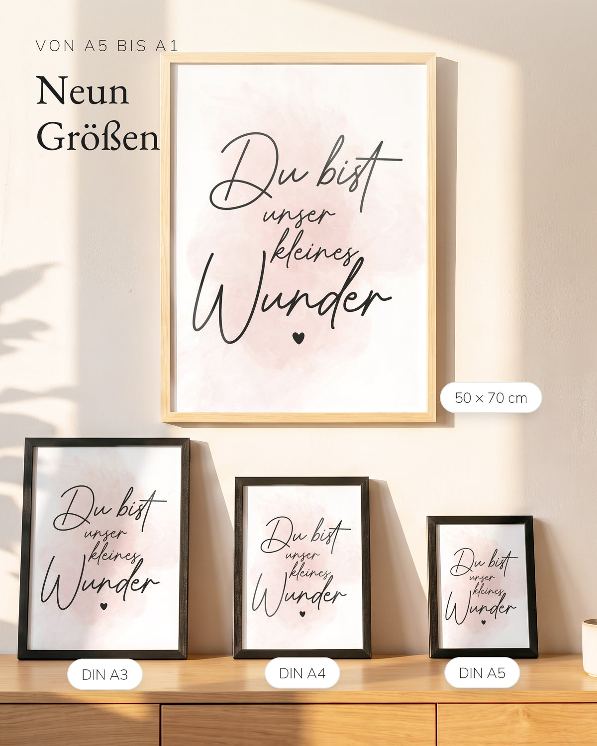 Kinderposter Du bist unser kleines Wunder rosa in vier Größen an der Wand