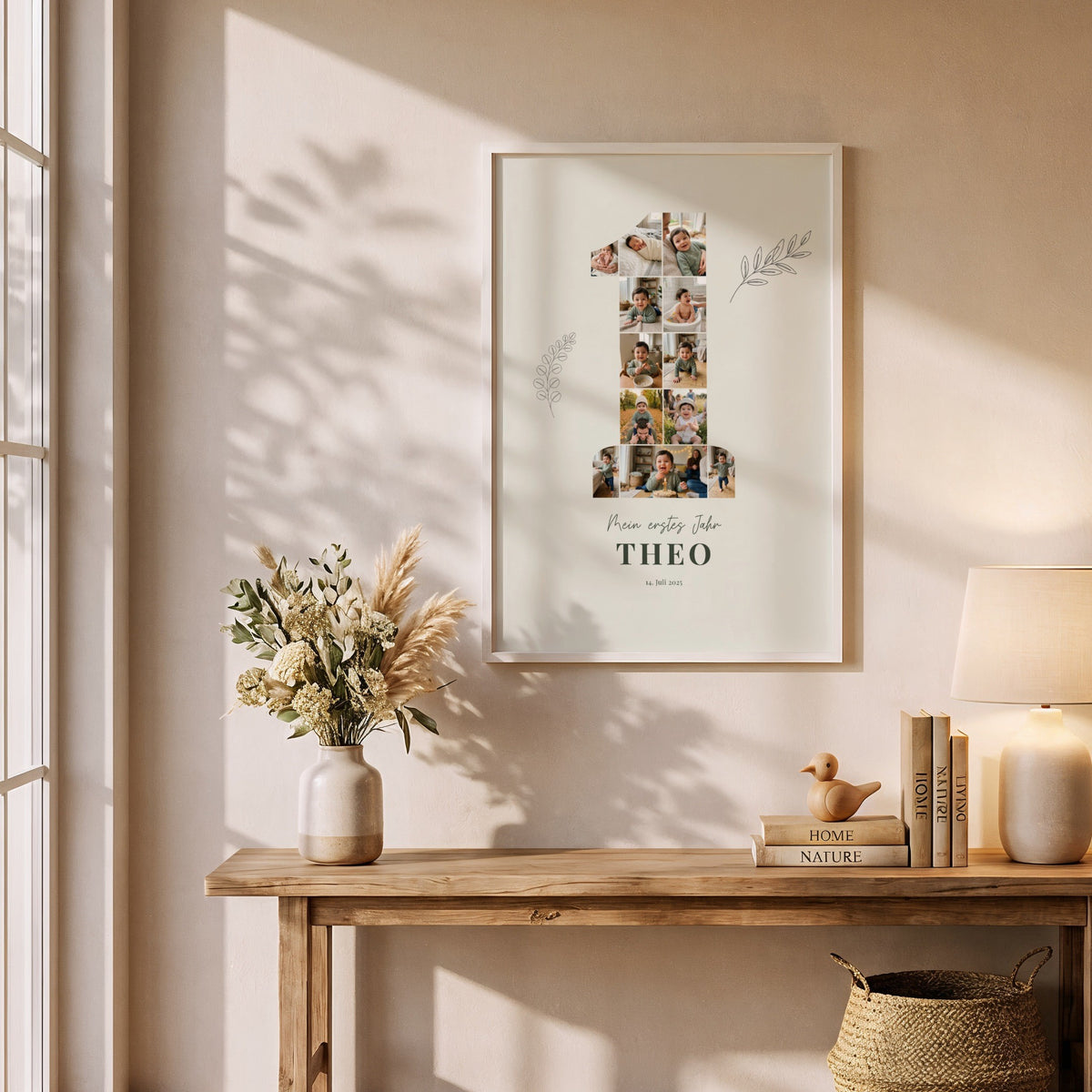 Personalisierung erklärt: Fotos, Farbe und Deko, Titel, Name und Datum am Poster Mein erstes Jahr