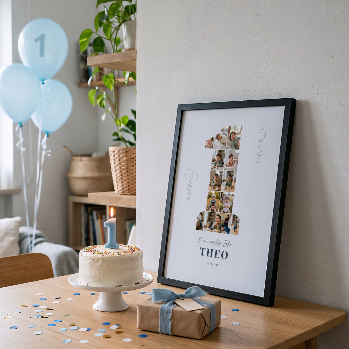 Poster Mein erstes Jahr als Geburtstagsgeschenk auf einem Tisch mit Kuchen