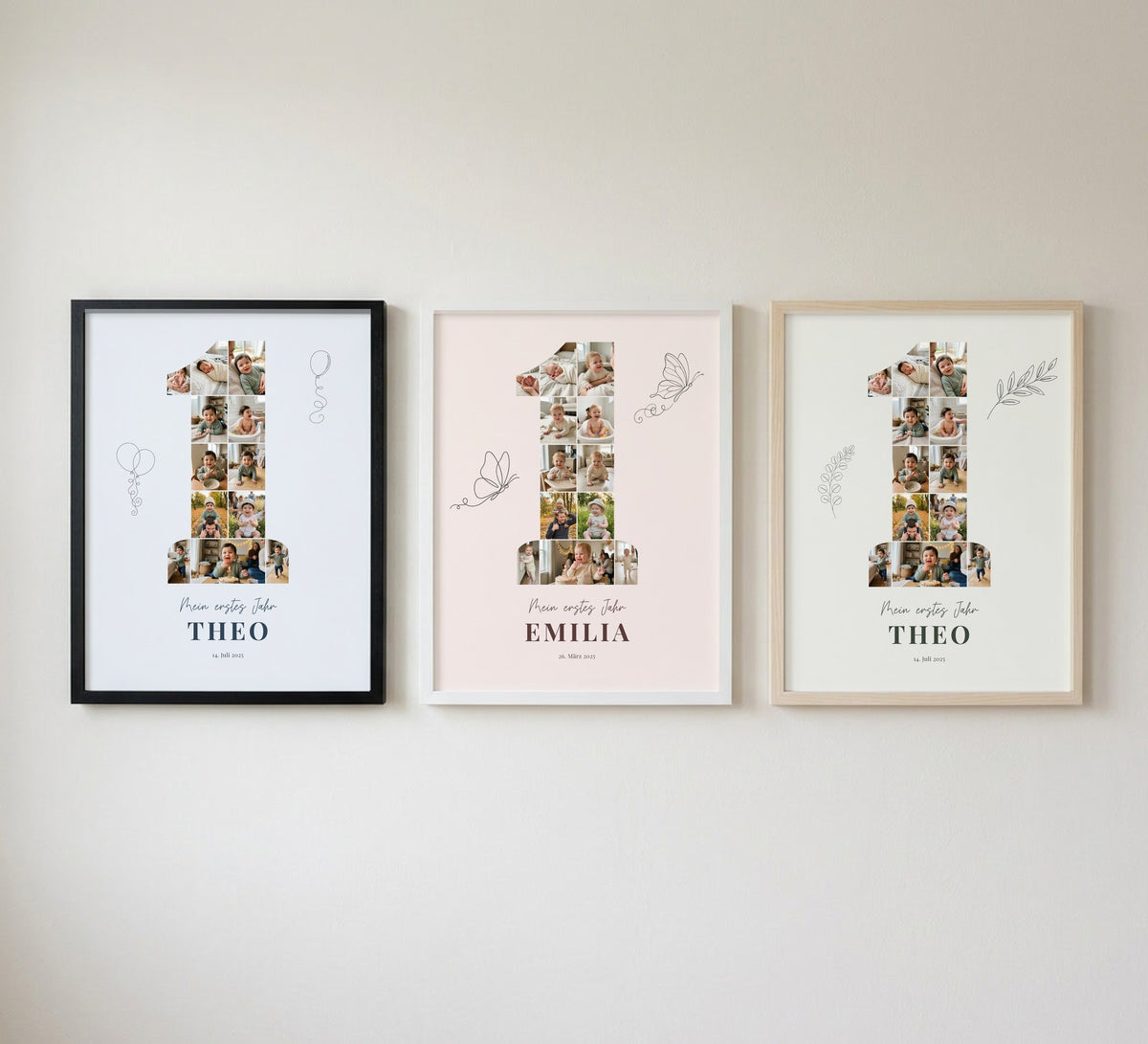 Drei Poster Mein erstes Jahr nebeneinander an einer Wand, im Holzrahmen in Schwarz, Weiß und Natur hell