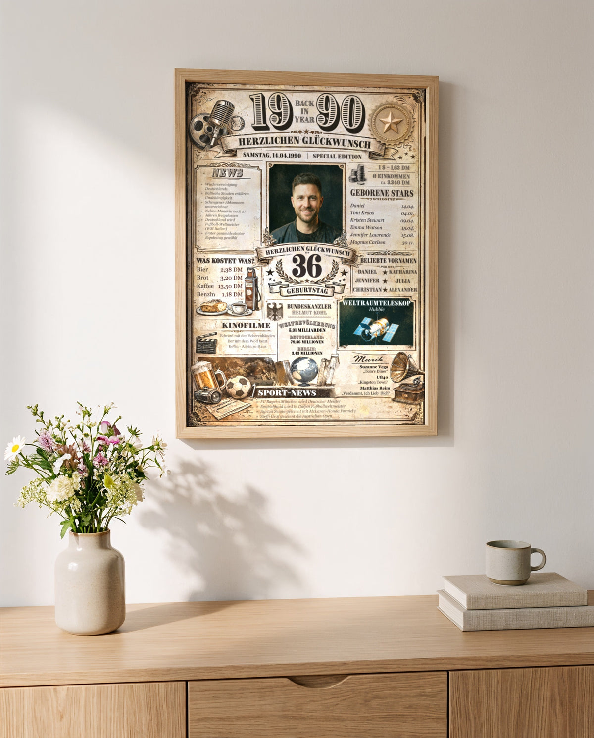 Back-in-Year-Poster im Eichenrahmen im hellen Wohnzimmer über einem Sideboard mit Blumen und Büchern