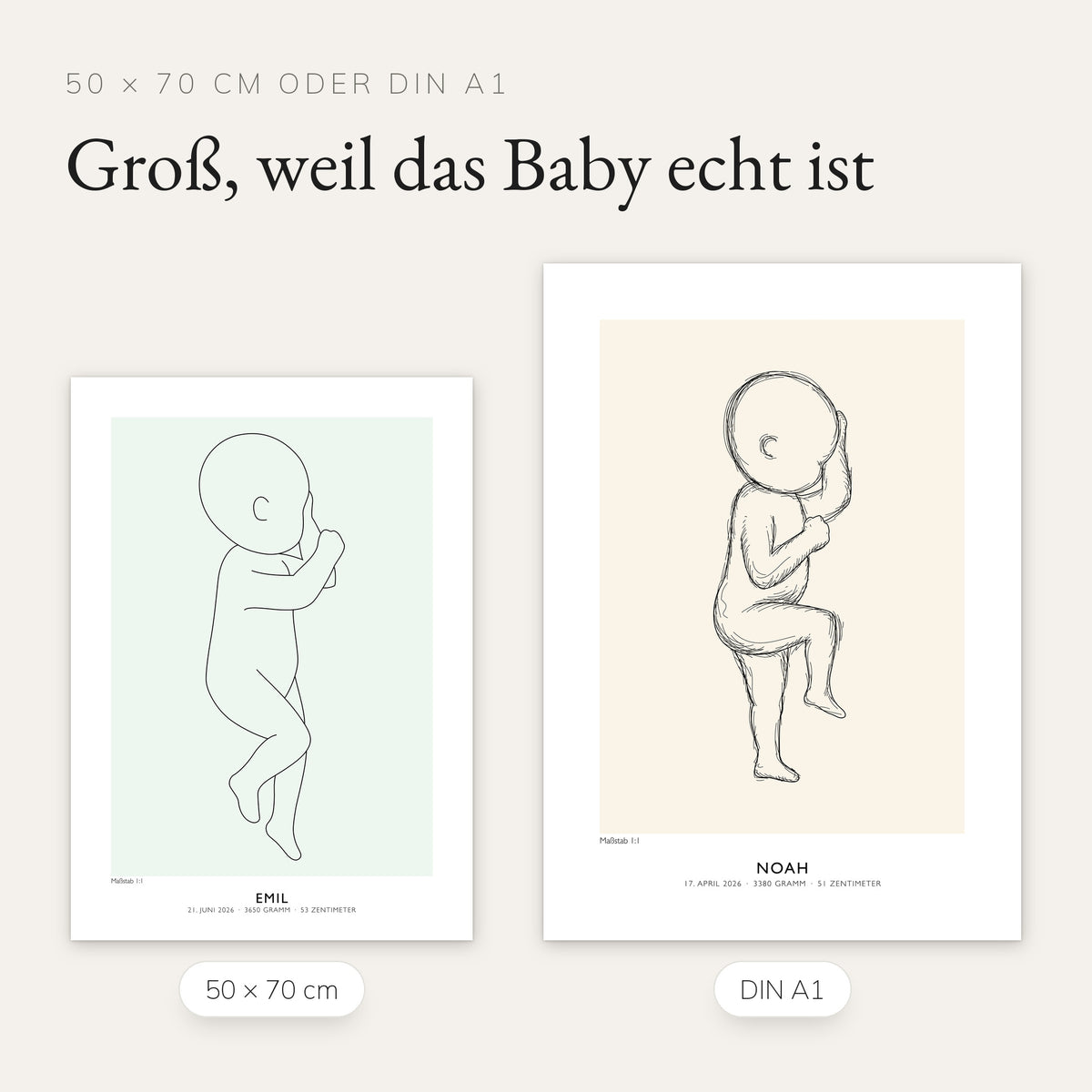 Geburtsposter in 50 × 70 cm und DIN A1 maßstäblich nebeneinander